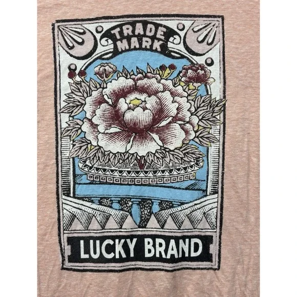 Lucky Brand Graphic Tee XL Pink Floral Trade Mark Boho Style Scoop Neck - Picture 2 of 7